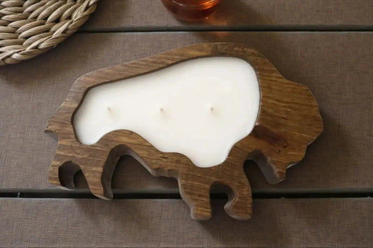 Bison (Buffalo) Candle in Hand-Carved Wood Bowl