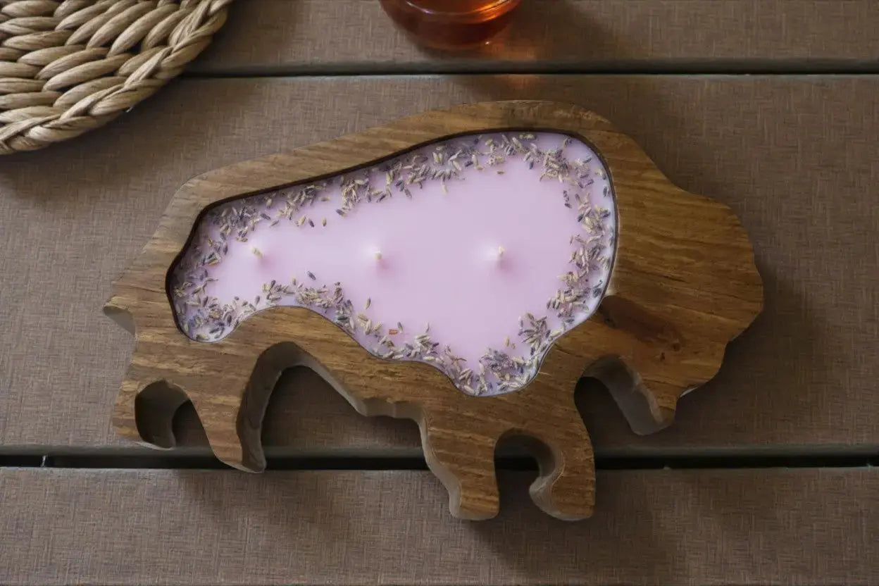 Bison (Buffalo) Candle in Hand-Carved Wood Bowl