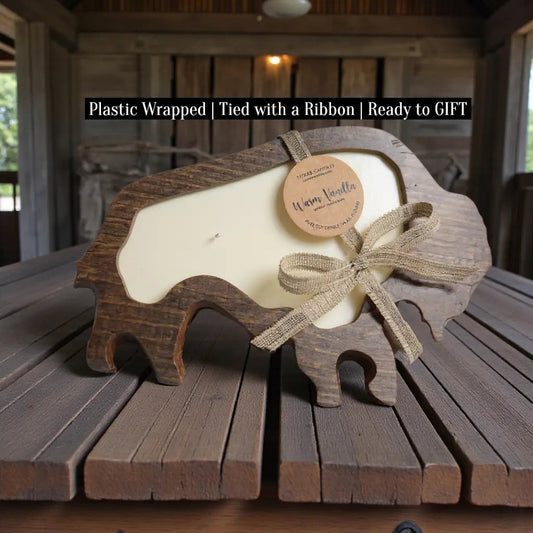 Bison (Buffalo) Candle in Hand-Carved Wood Bowl